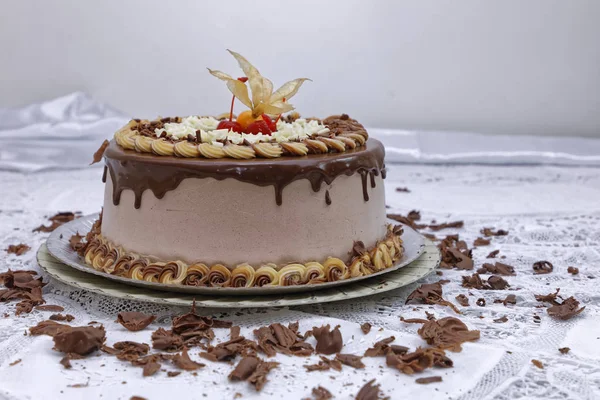 奶油巧克力蛋糕 用巧克力糖霜装饰樱桃和植物沙司 — 图库照片