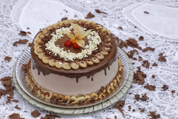 卡布奇诺巧克力蛋糕加摩卡糖霜装饰樱桃和植物沙司 — 图库照片