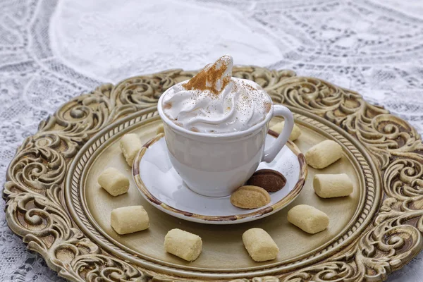 Coffee Whipped Cream Cup White Plate Biscuits — Stock Photo, Image