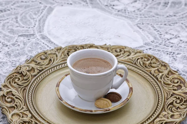 Fresh Coffee Cup Delicious Biscuits White Golden Plate — Stock Photo, Image