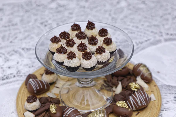 White Coconut Praline Chocolate Candies Kitchen Table Background — 스톡 사진