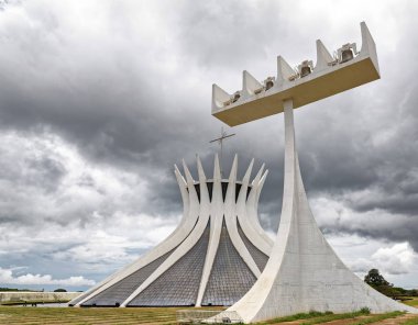 white massive and concrete Nossa Senhora Aparecida with bell tower in Brasilia, Brazil