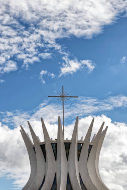 white massive and concrete Nossa Senhora Aparecida with bell tower in Brasilia, Brazil