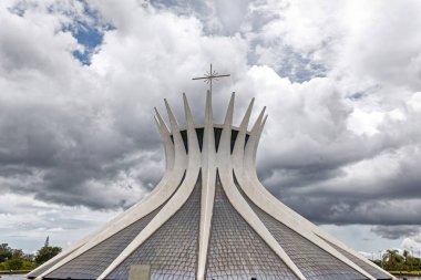 roof of the main modern architecture building Cathedral of Nossa Senhora Aparecida with bell tower in Brasilia, Brazil