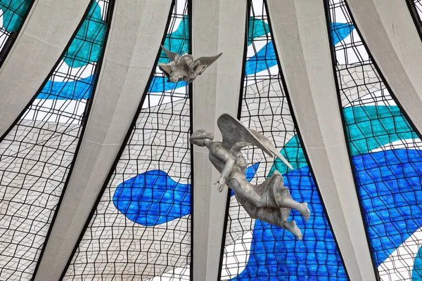 Big Stained Glass Windows Hanging Angel Statues Metropolitan Cathedral Nossa — 스톡 사진