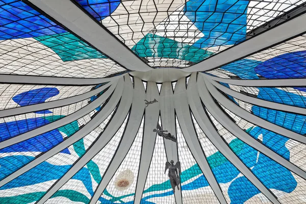 Big Colored Stained Glass Windows Statues Angels Ceiling Metropolitan Cathedral — 스톡 사진