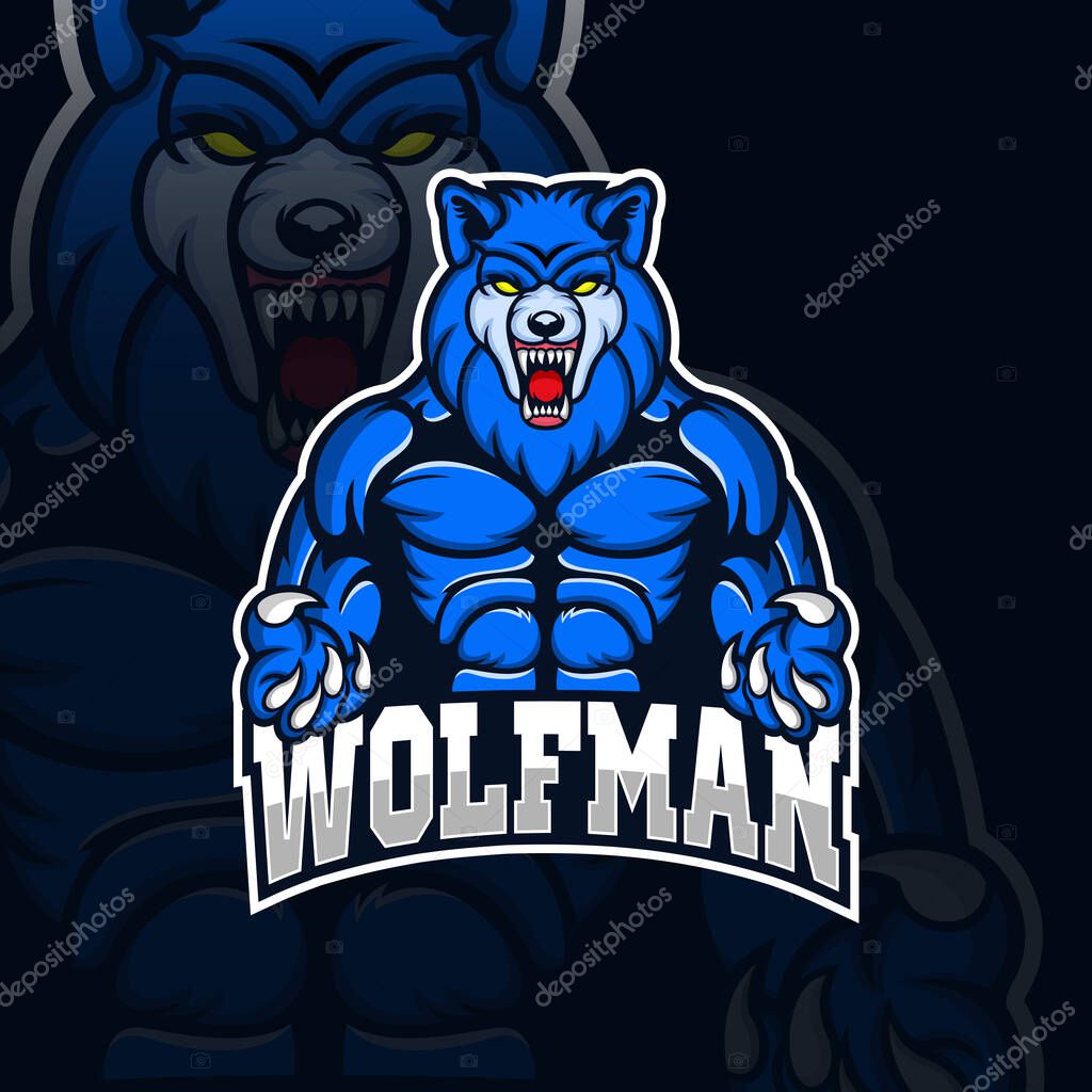 Wolfman mascot gaming logo esport