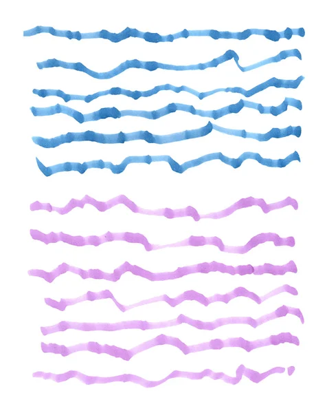 El çizimi pembe ve mavi çizgi kenarları, karalama vuruşları ve beyaza izole edilmiş tasarım elementleri. Doodle tarzı fırçalar. — Stok fotoğraf