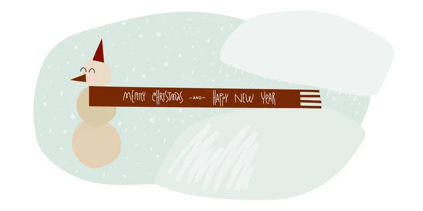 Felice pupazzo di neve in sciarpa con l'iscrizione Buon Natale e Felice Anno Nuovo — Foto Stock