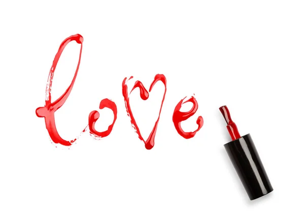 Słowo miłość napisane przez lakier do paznokci, detergent kaligraficzny, element do projektowania — Zdjęcie stockowe