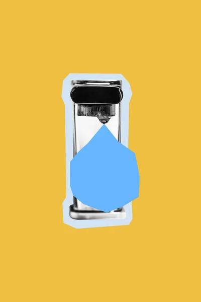Begreppet sötvattenbrist. Kran och en stor droppe vatten i form av ett timglas — Stockfoto