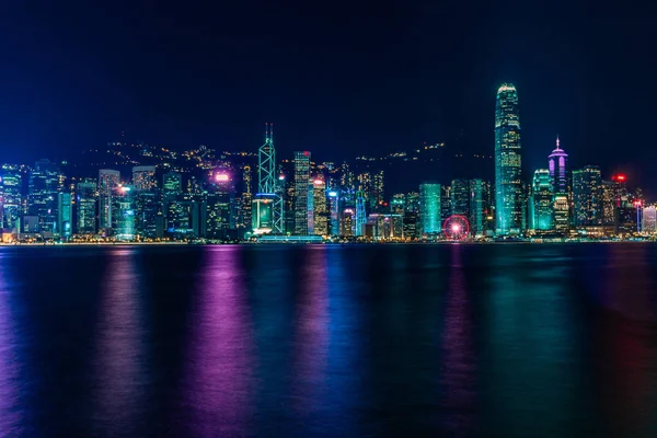 View of Hong Kong skyline and seafront at night from the Kowloon