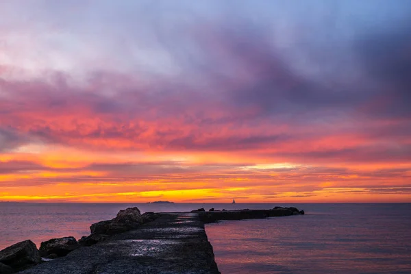 Pier Mediterranean Sea Tuscany Sunset Island Sailboat Background — 스톡 사진