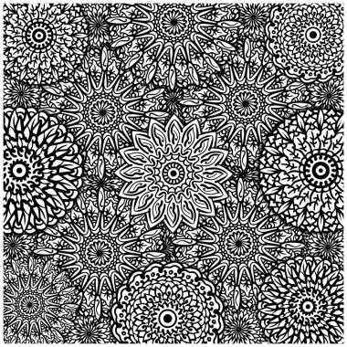 Süssüz etnik mandala siyah beyaz desenli. Çiçek arkaplanı duvar kağıdı - desen dolguları - tekstil - kumaş - ambalaj - fayans deseni - yüzey dokuları - yetişkinler ve çocuklar için boyama kitabı için kullanılabilir. vektör