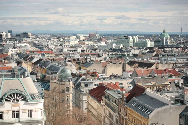 view over the roofs of Vienna from a tower with mountains in the distance