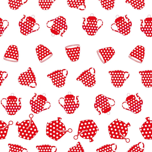 Красные и белые точки чайный набор бесшовных повторяющихся шаблонов фон печати — стоковый вектор