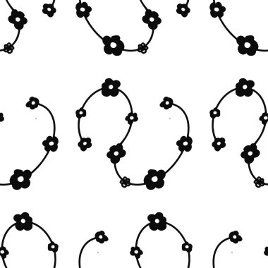 Black and White flower string line seamless repeat pattern print background