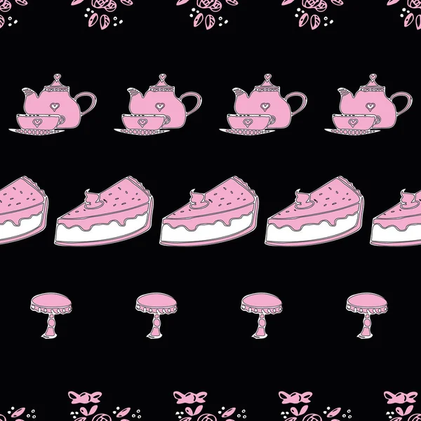 Rosa Teekanne, Kuchen und Tasse nahtlos wiederholen Muster drucken Hintergrund — Stockvektor