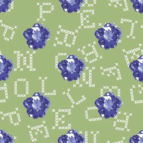 Flores púrpuras y letras blancas patrón impresión fondo diseño versión — Vector de stock