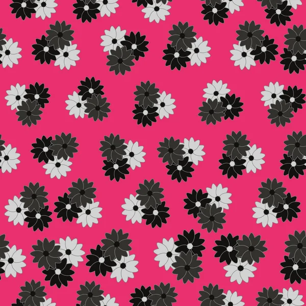 Fucsia, bianco e nero multi fiori ripetizione modello stampa sfondo design — Vettoriale Stock