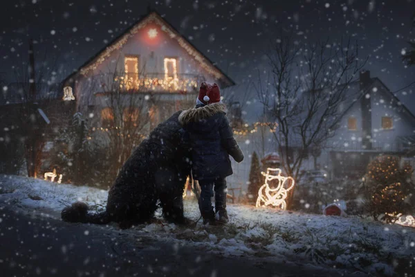 Çocuk ve Köpek Noel 'de Sokakta.