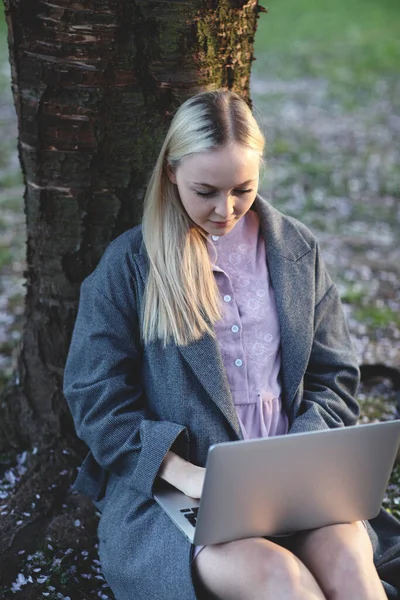 Sarışın kız uzaktan bilgisayarla çalışıyor, çiçek açan kiraz ağacının altında oturuyor..