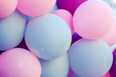 Hoş renklerin bayramı için bir sürü balon. pembe, açık, mor. Kutlama atmosferi, rahatlama
