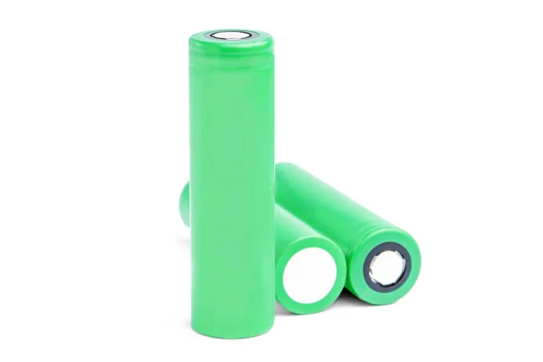 Three Rechargeable Batteries White Background Isolated 18650 Green Batteries Device 로열티 프리 스톡 사진