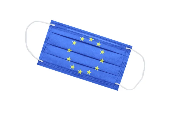 Ιατρική Μάσκα Σημαία Της Ευρωπαϊκής Ένωσης Απομονωμένη Λευκό Φόντο Πανδημία — Φωτογραφία Αρχείου