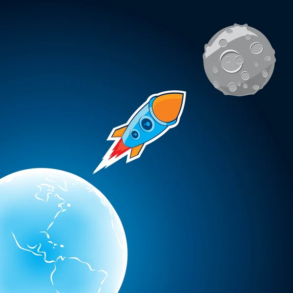 Cohete vectorial que vuela de la tierra a la luna. Estilo plano — Vector de stock