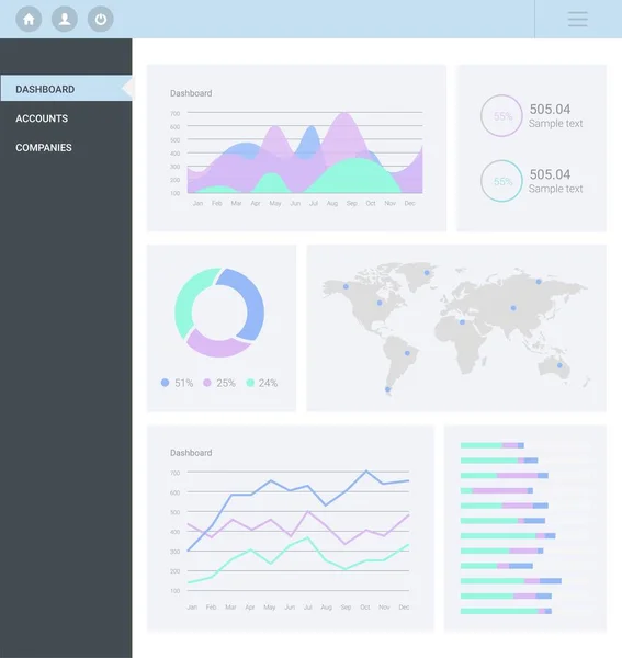 Modello di dashboard infografico con grafici e grafici a disegno piatto. Analisi del trattamento dei dati . — Vettoriale Stock
