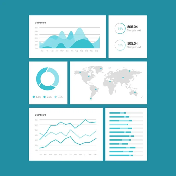 Infographic dashboardsjabloon met platte ontwerp grafieken en diagrammen. Analyse van de verwerking van gegevens. — Stockvector