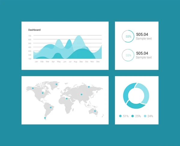 Modello di dashboard infografico con grafici e grafici a disegno piatto. Analisi del trattamento dei dati . — Vettoriale Stock