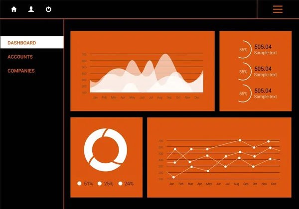 Infographic dashboard template with flat design graphs and charts. Processing analysis of data — Stock Vector