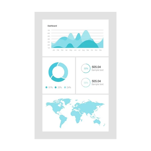 Infographic dashboard template with flat design graphs and charts. Processing analysis of data — Stock Vector