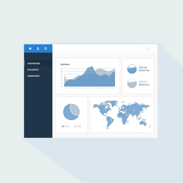 Infografik-Dashboard-Vorlage mit flachen Designdiagrammen und Diagrammen. Verarbeitung von Daten — Stockvektor