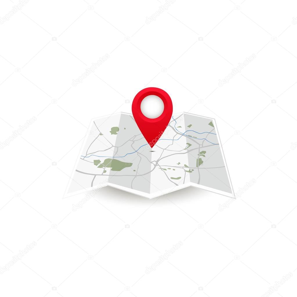 Vector icon. Map of the world. Point on the . Pin and the distance, GPS navigator . Flat style