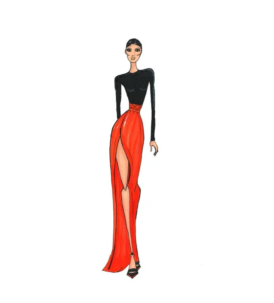 Fashion illustration. Flicka i en orange kjol. Modell — Stockfoto