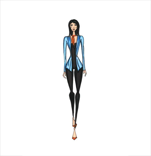 Ilustración de moda. Una chica con una chaqueta negra y una chaqueta azul — Foto de Stock