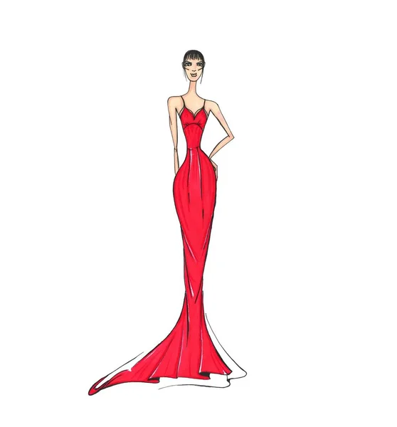 패션 일러스트입니다. 빨간 드레스 jpg eps를 저녁에 모델 — 스톡 사진