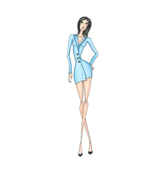 Vektor Mode Illustration. ein Model in einem blauen Minikleid. Mädchen im Bürostil — Stockvektor