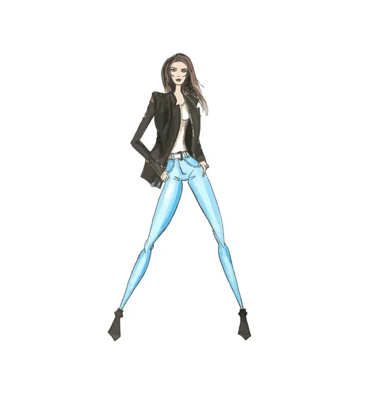 Moda illüstrasyon vektör. Şık modeli. Bir kız kot pantolon ve ceket — Stok Vektör