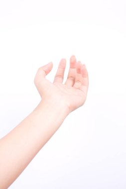 Parmak el sembolleri, izole edilmiş kavram, dua etmek için açık eller ve Tanrı sizi beyaz arka planda kutsasın.