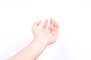 Parmak el sembolleri, izole edilmiş kavram, dua etmek için açık eller ve Tanrı sizi beyaz arka planda kutsasın.