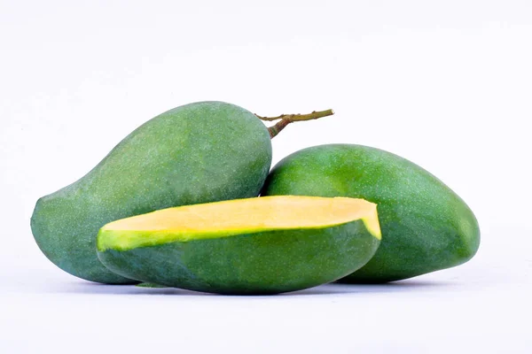 Fresh Green Mango Half Mango White Background Healthy Fruit Food — Stock Photo, Image