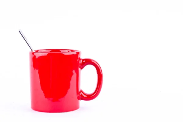 Caffè Rosso Tazza Cucchiaio Pausa Tempo Bevanda Sfondo Bianco Isolato — Foto Stock