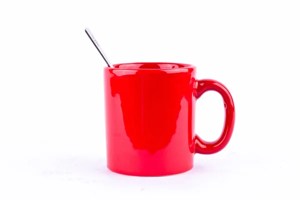 Taza Café Rojo Taza Leche Cuchara Sobre Fondo Blanco Bebida — Foto de Stock