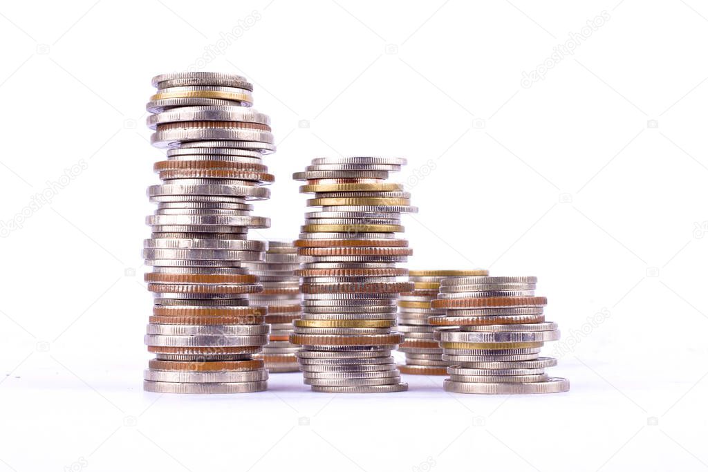 growing money graph on a row of coin and pile of bath coins stack  on white background finance business isolated