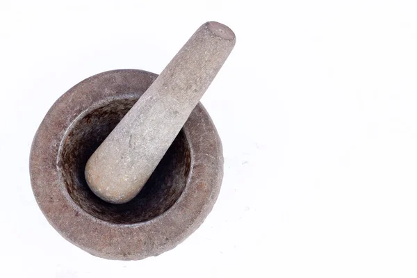 Старый Гранитный Каменный Раствор Пестик Тайский Инструмент Приготовления Пищи Белом — стоковое фото