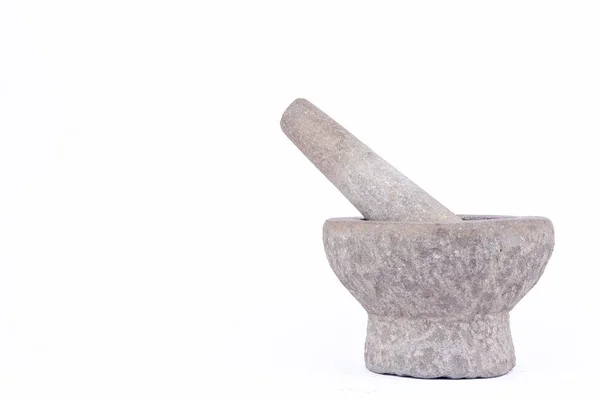 古い使用花崗岩の石臼と杵は 白い背景食品にタイ料理のツールです — ストック写真